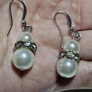 Silver Tone White Faux Pearl Clear Rhinestone Drop Dangling Earrings